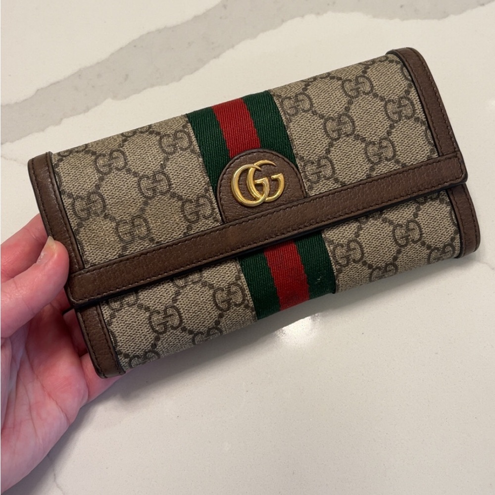 Gucci Beige and Brown Wallet with Gold Logo